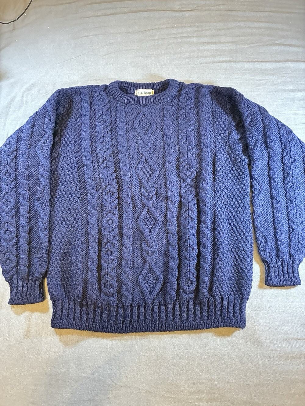 Vtg LL Bean Fisherman Sweater Womens LG Wool Made In Ireland Chunky Cable Knit
